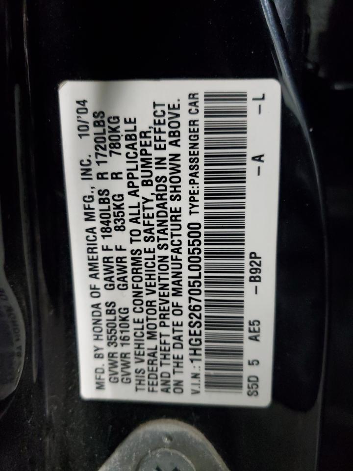 2005 Honda Civic VIN 1HGES26705L005500 Copart auction photo, side damage thumbnail 12