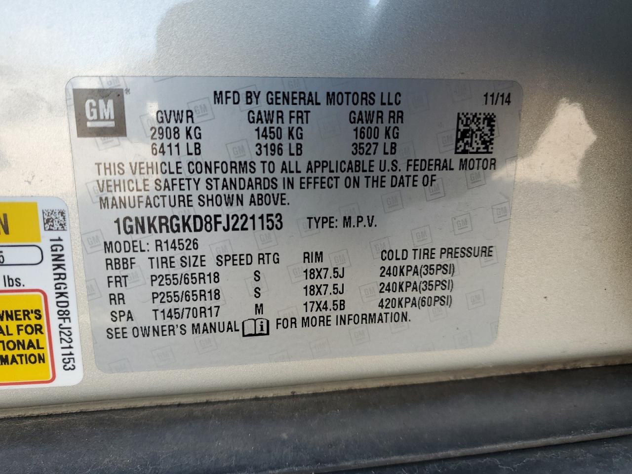 2015 Chevrolet Traverse VIN 1GNKRGKD8FJ221153 Copart auction photo, all over damage thumbnail 15