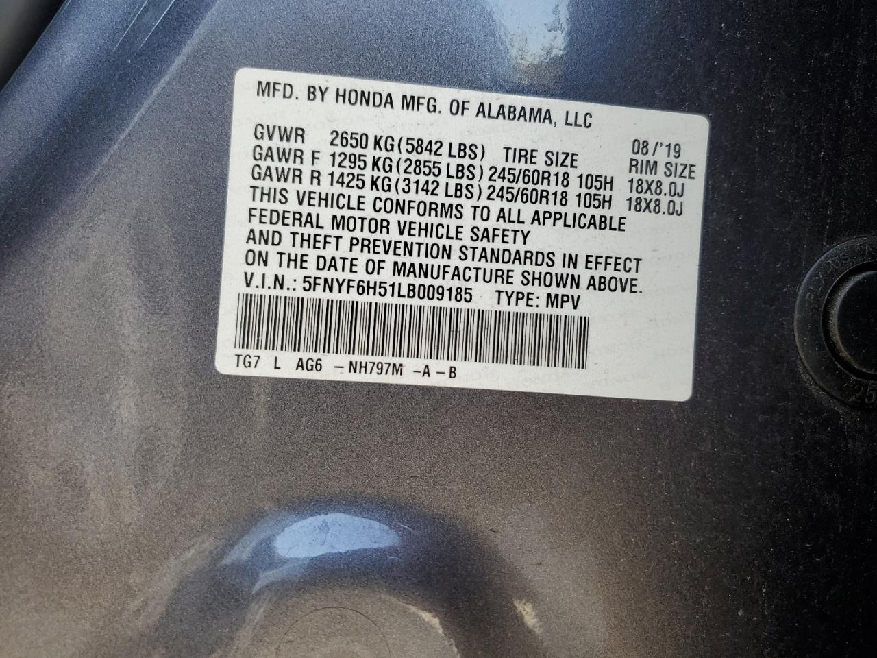 2020 Honda Pilot VIN 5FNYF6H51LB009185 Copart auction photo, hail damage thumbnail 13