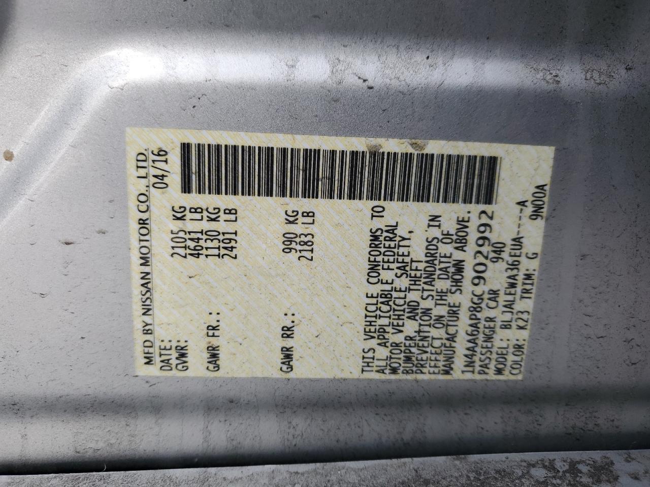 2016 Nissan Maxima VIN 1N4AA6AP8GC902992 Copart auction photo, front end / side damage thumbnail 14