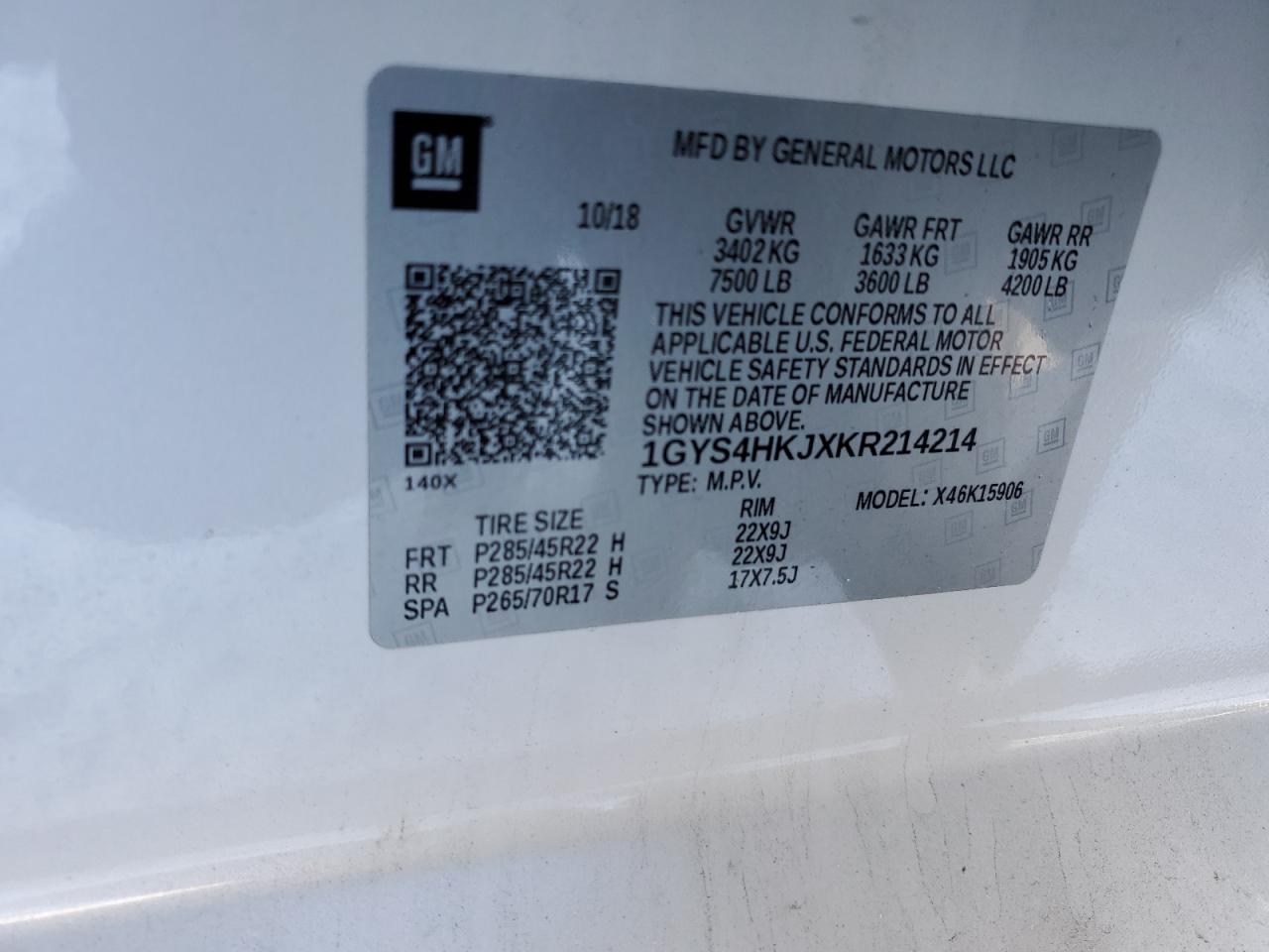 2019 Cadillac Escalade VIN 1GYS4HKJXKR214214 Copart auction photo, front end / rear end damage thumbnail 14