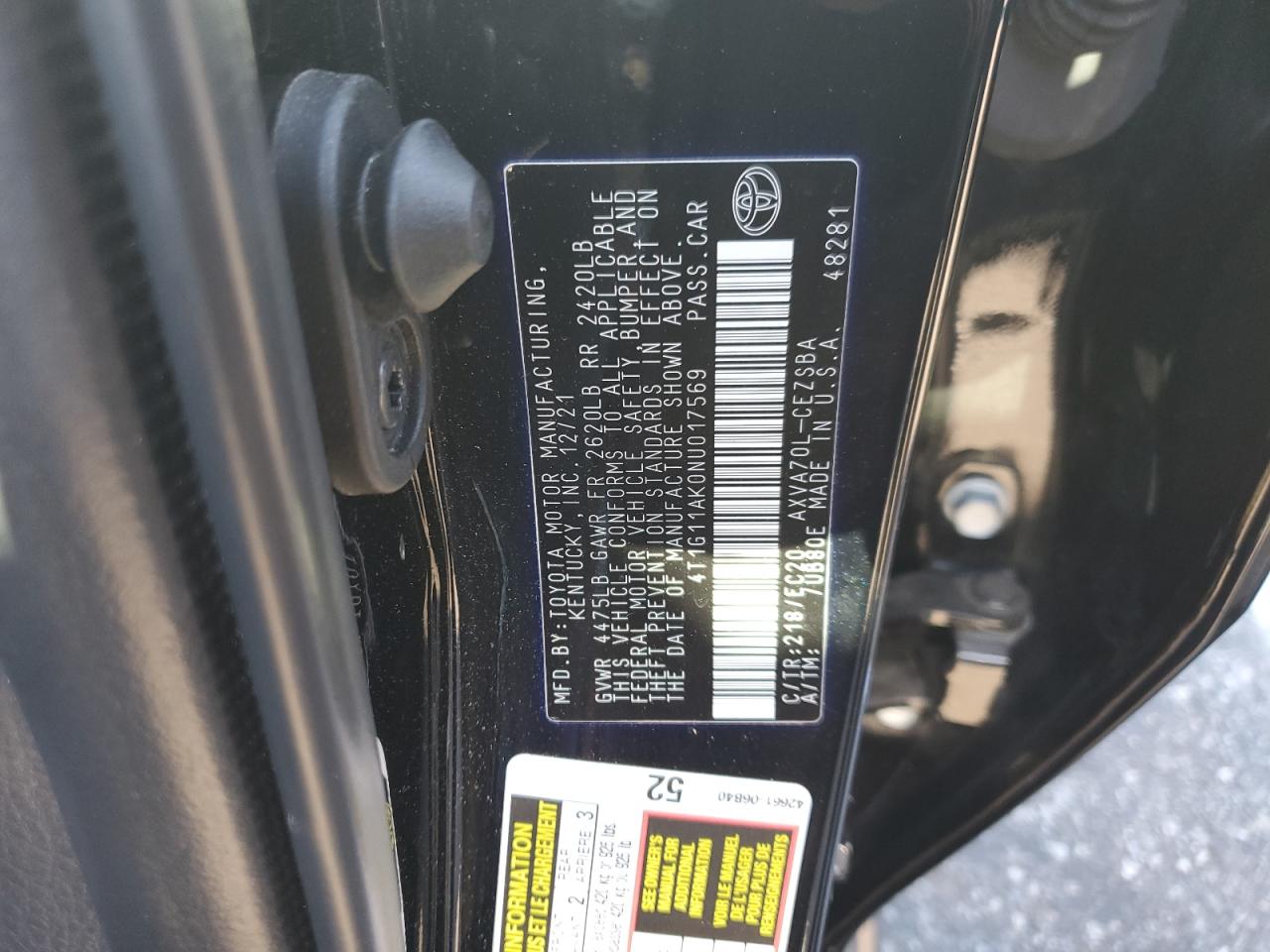 2022 Toyota Camry VIN 4T1G11AK0NU017569 Copart auction photo, front end / minor dent/scratches damage thumbnail 15