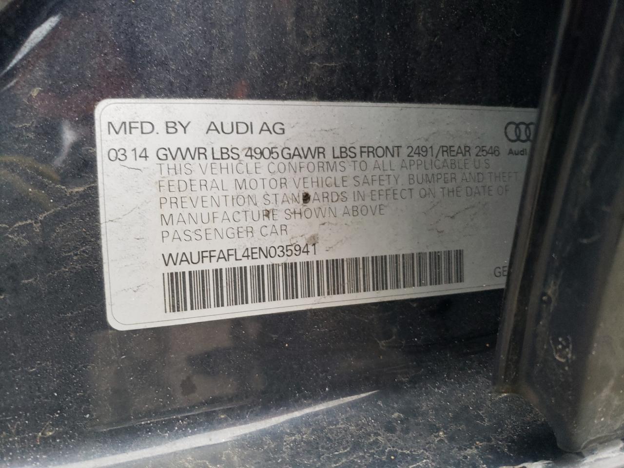 2014 Audi A4 VIN WAUFFAFL4EN035941 Copart auction photo, front end / minor dent/scratches damage thumbnail 12