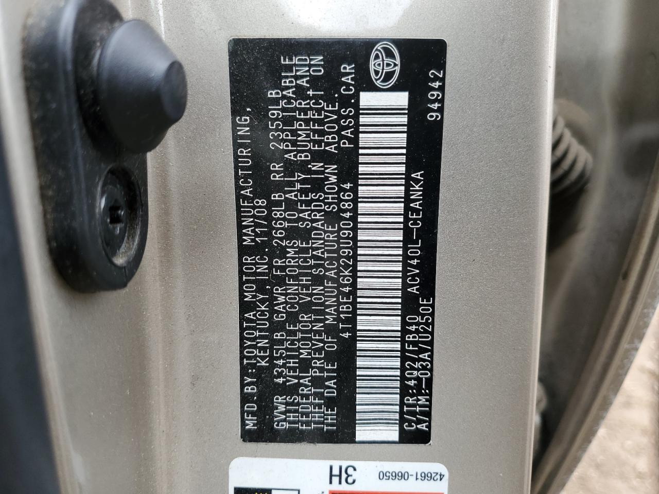2009 Toyota Camry VIN 4T1BE46K29U904864 Copart auction photo, rear end / minor dent/scratches damage thumbnail 12