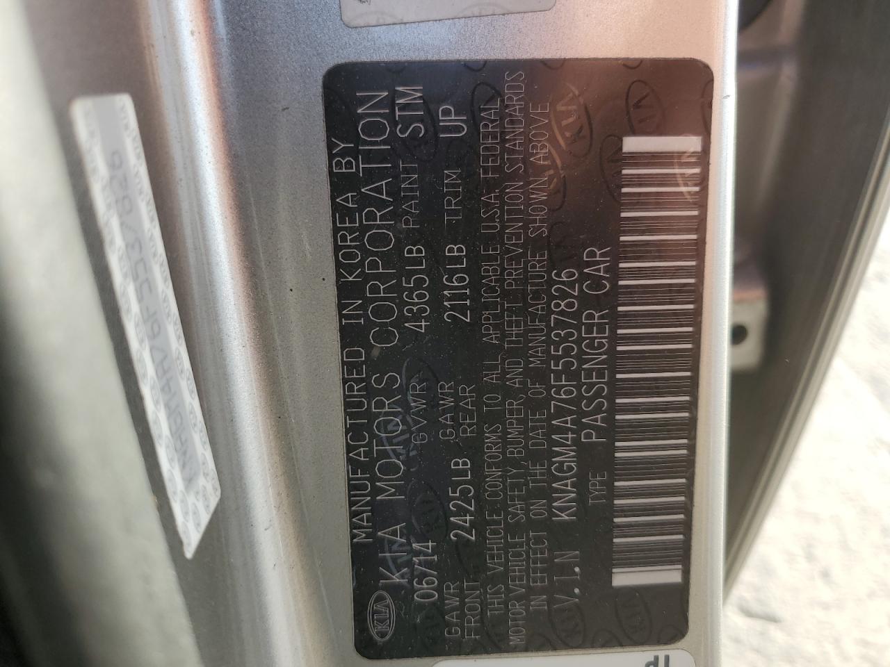 2015 KIA Optima VIN KNAGM4A76F5537826 Copart auction photo, front end damage thumbnail 15