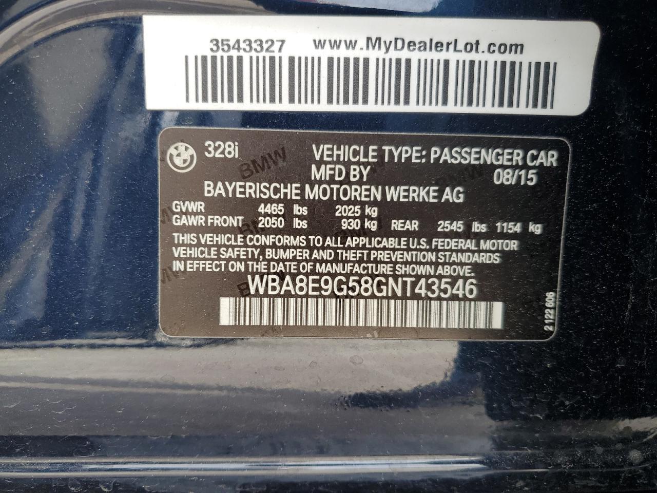 2016 BMW 3er VIN WBA8E9G58GNT43546 Copart auction photo, front end damage thumbnail 13