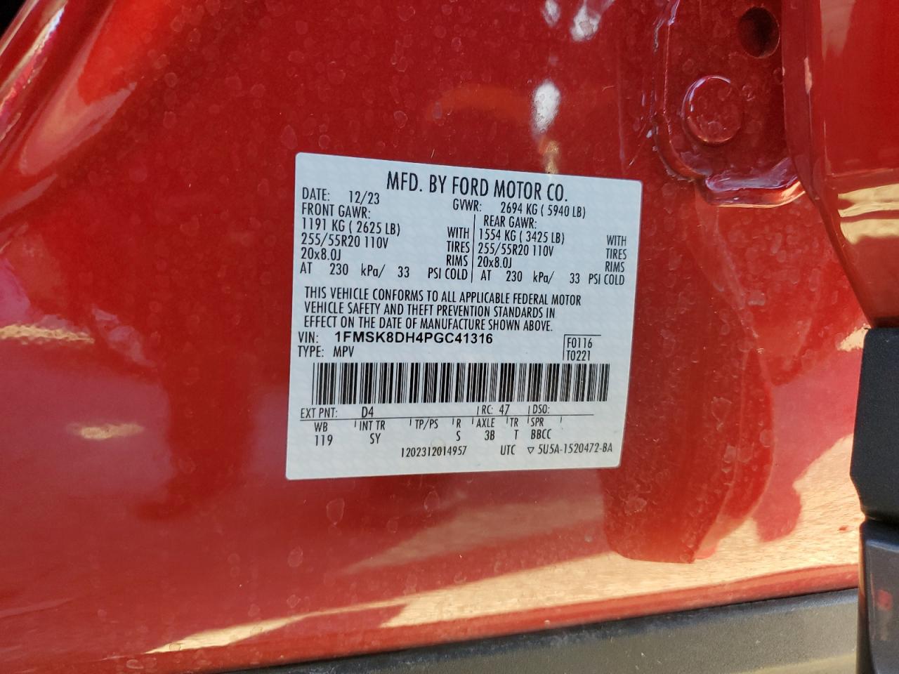 2023 Ford Explorer VIN 1FMSK8DH4PGC41316 Copart auction photo, side / undercarriage damage thumbnail 13