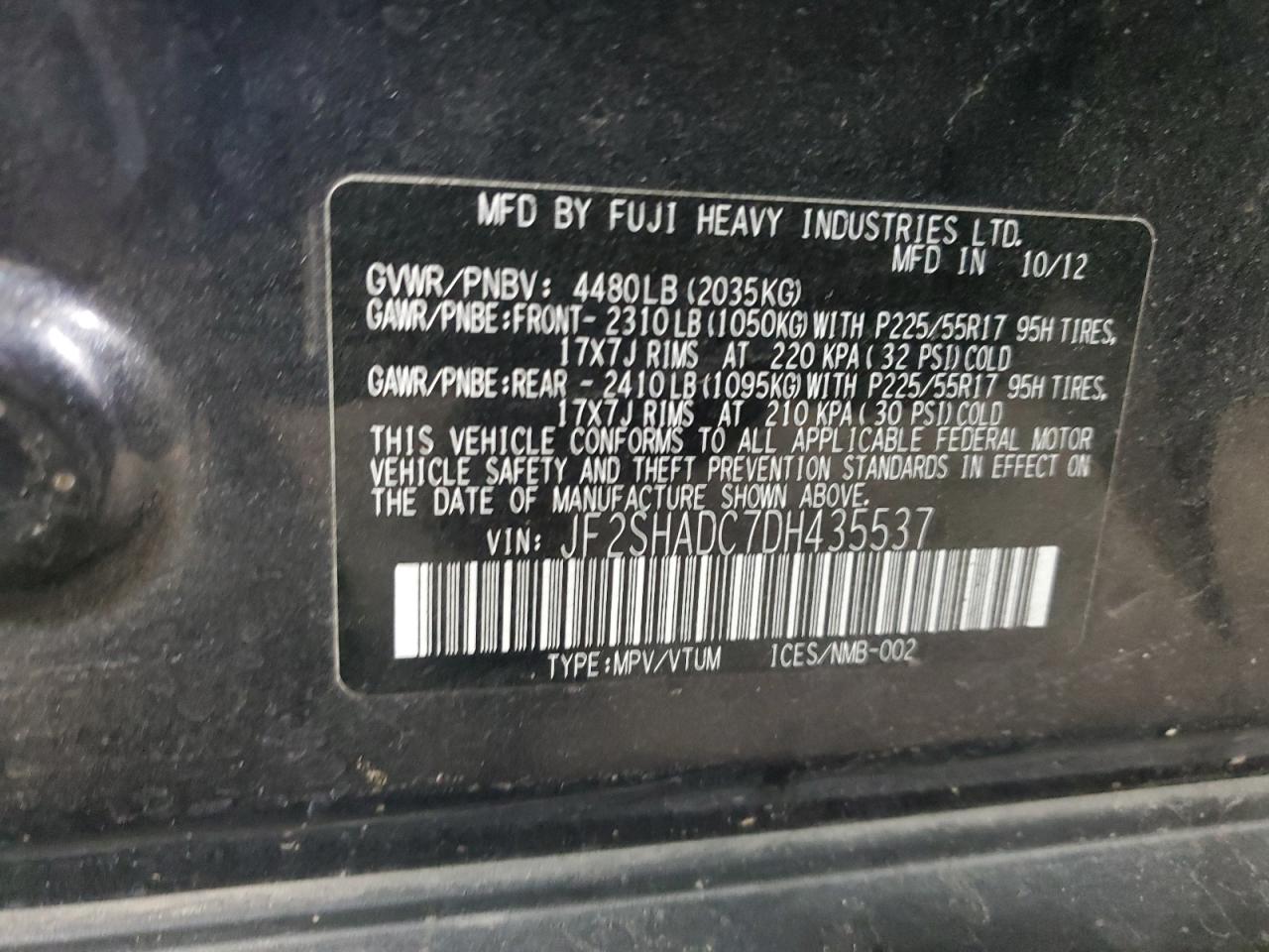2013 Subaru Forester VIN JF2SHADC7DH435537 Copart auction photo, all over damage thumbnail 14