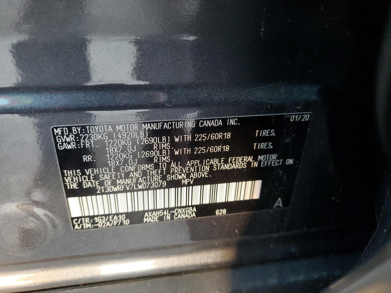 2020 Toyota RAV 4 VIN 2T3DWRFV7LW073079 Copart auction photo, rear end damage thumbnail 13