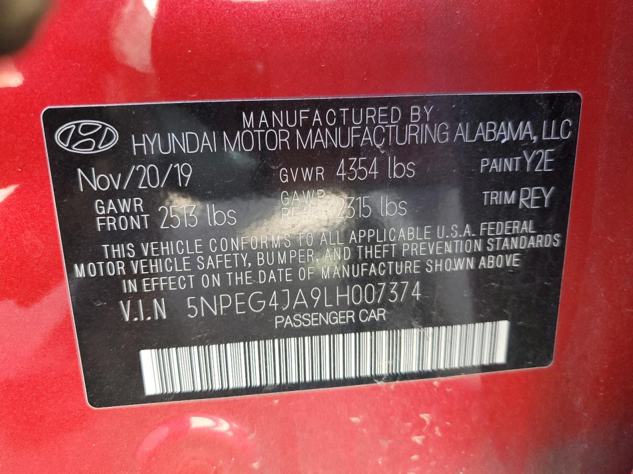 2020 Hyundai Sonata VIN 5NPEG4JA9LH007374 Copart auction photo, front end / undercarriage damage thumbnail 12