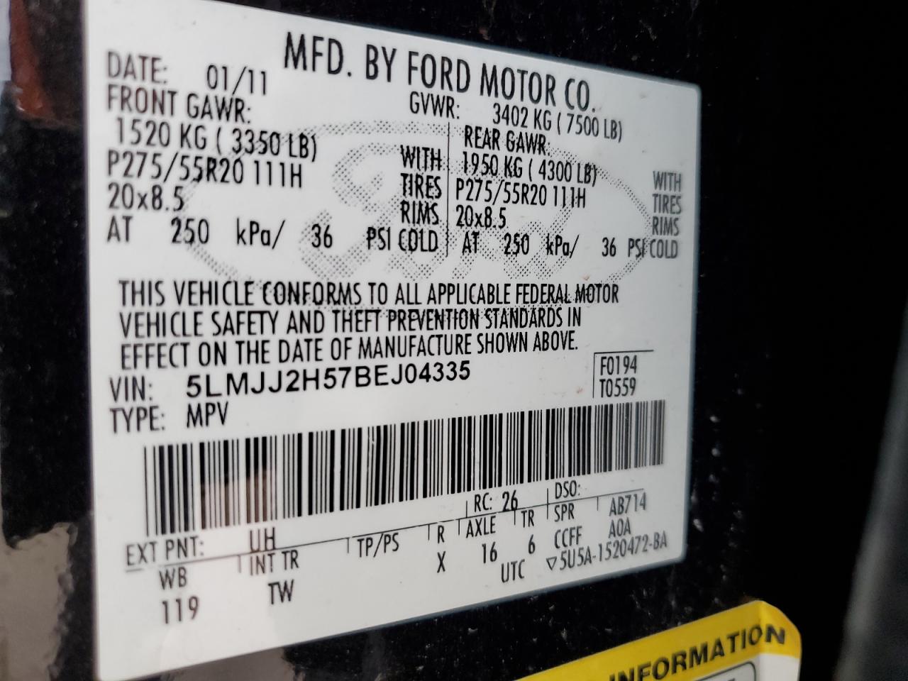 2011 Lincoln Navigator VIN 5LMJJ2H57BEJ04335 Copart auction photo, rear end damage thumbnail 14