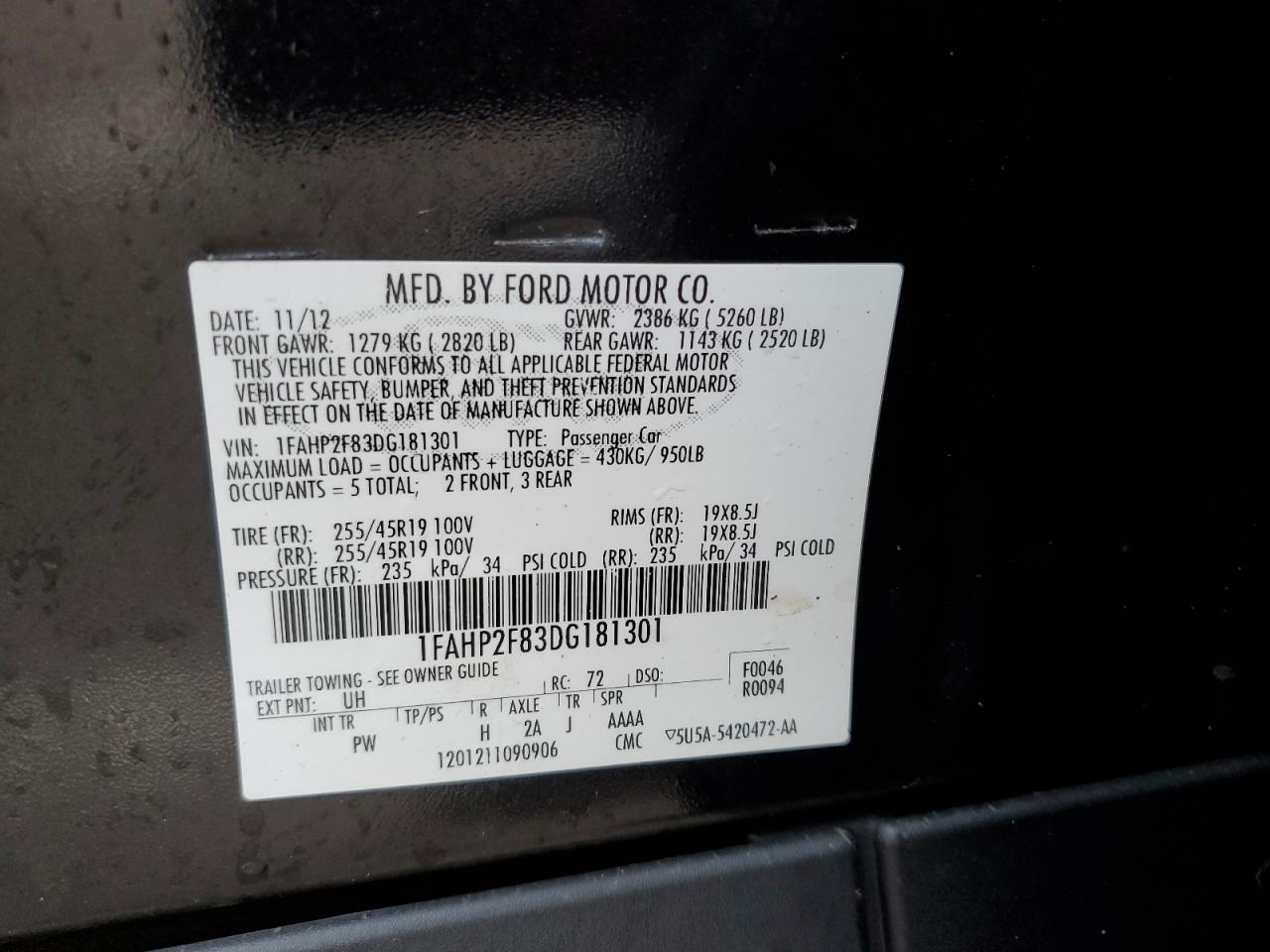 2013 Ford Taurus VIN 1FAHP2F83DG181301 Copart auction photo, water/flood damage thumbnail 13
