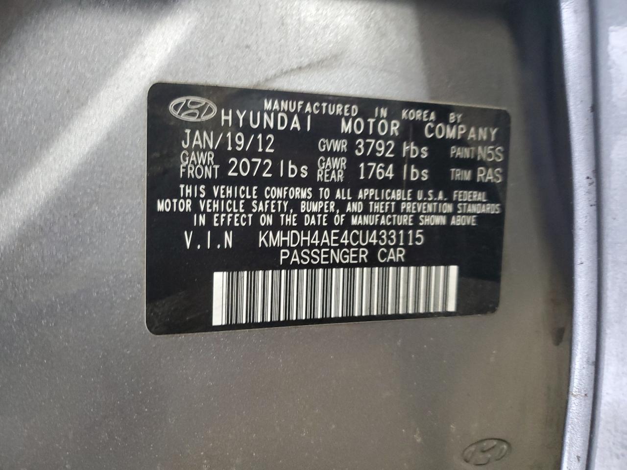 2012 Hyundai Elantra VIN KMHDH4AE4CU433115 Copart auction photo, all over damage thumbnail 13
