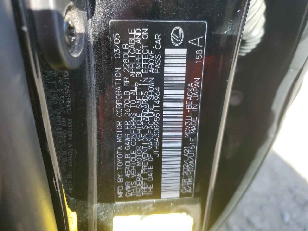 2005 Lexus ES VIN JTHBA30G955114964 Copart auction photo, mechanical / front end damage thumbnail 13