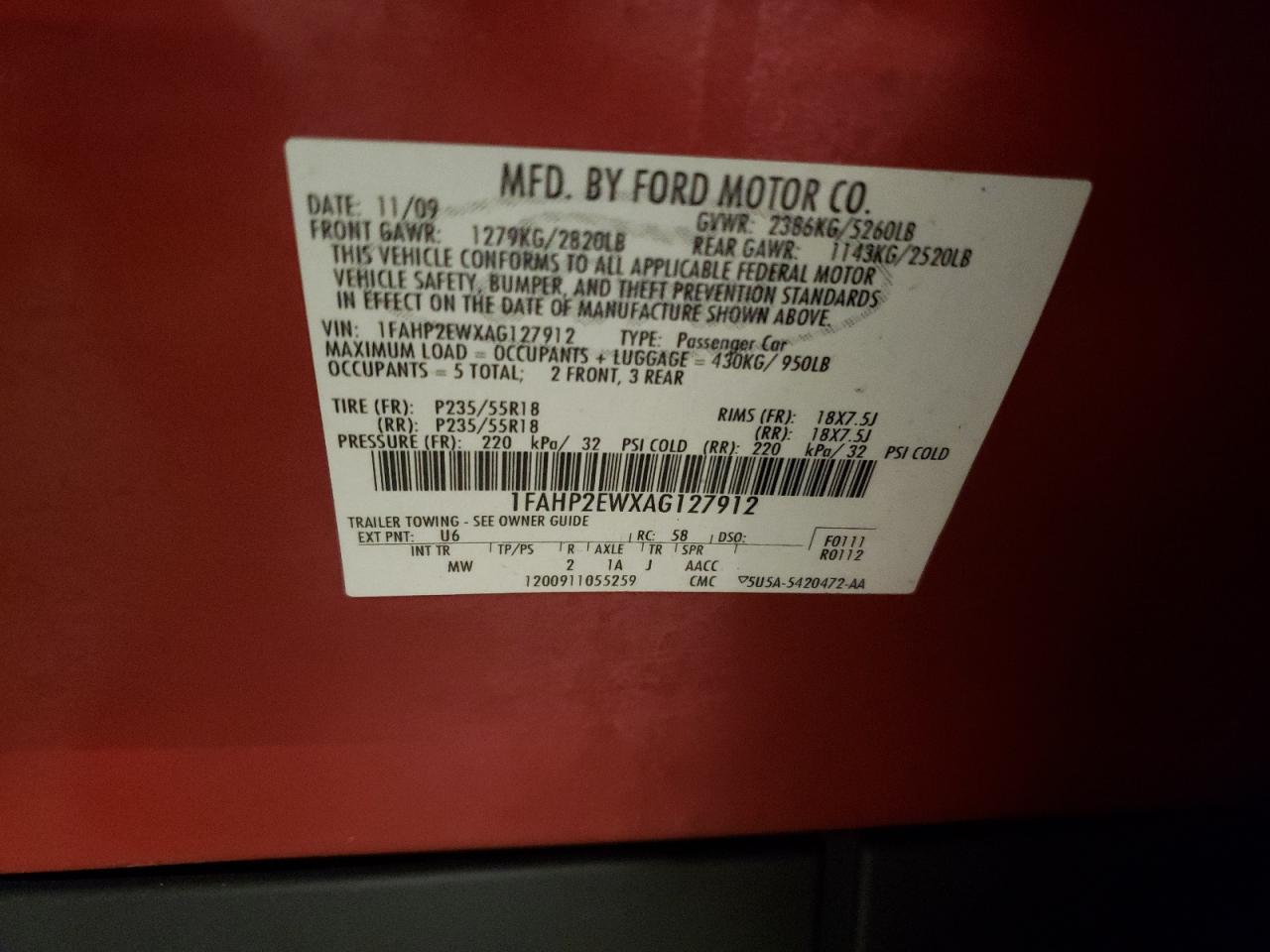 2010 Ford Taurus VIN 1FAHP2EWXAG127912 Copart auction photo, front end / rear end damage thumbnail 14