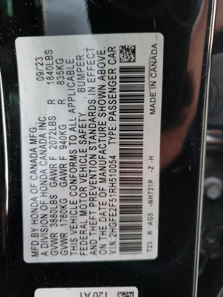 2024 Honda Civic VIN 2HGFE2F51RH510054 Copart auction photo, all over damage thumbnail 15