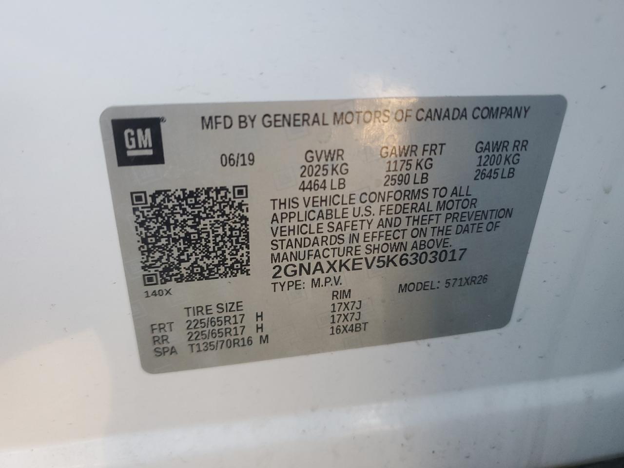 2019 Chevrolet Equinox VIN 2GNAXKEV5K6303017 Copart auction photo, front end / side damage thumbnail 13