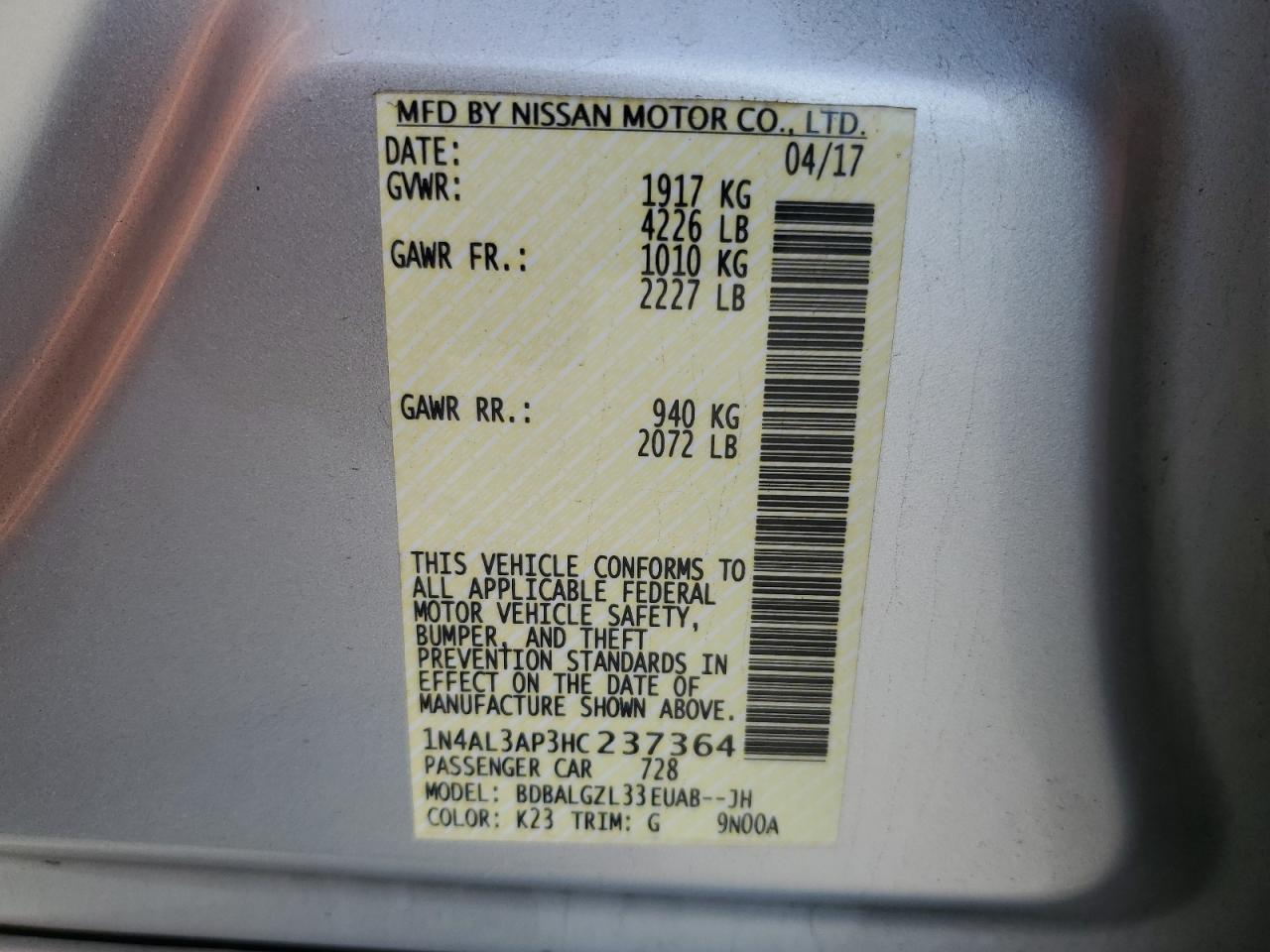 2017 Nissan Altima VIN 1N4AL3AP3HC237364 Copart auction photo, rear end / side damage thumbnail 14