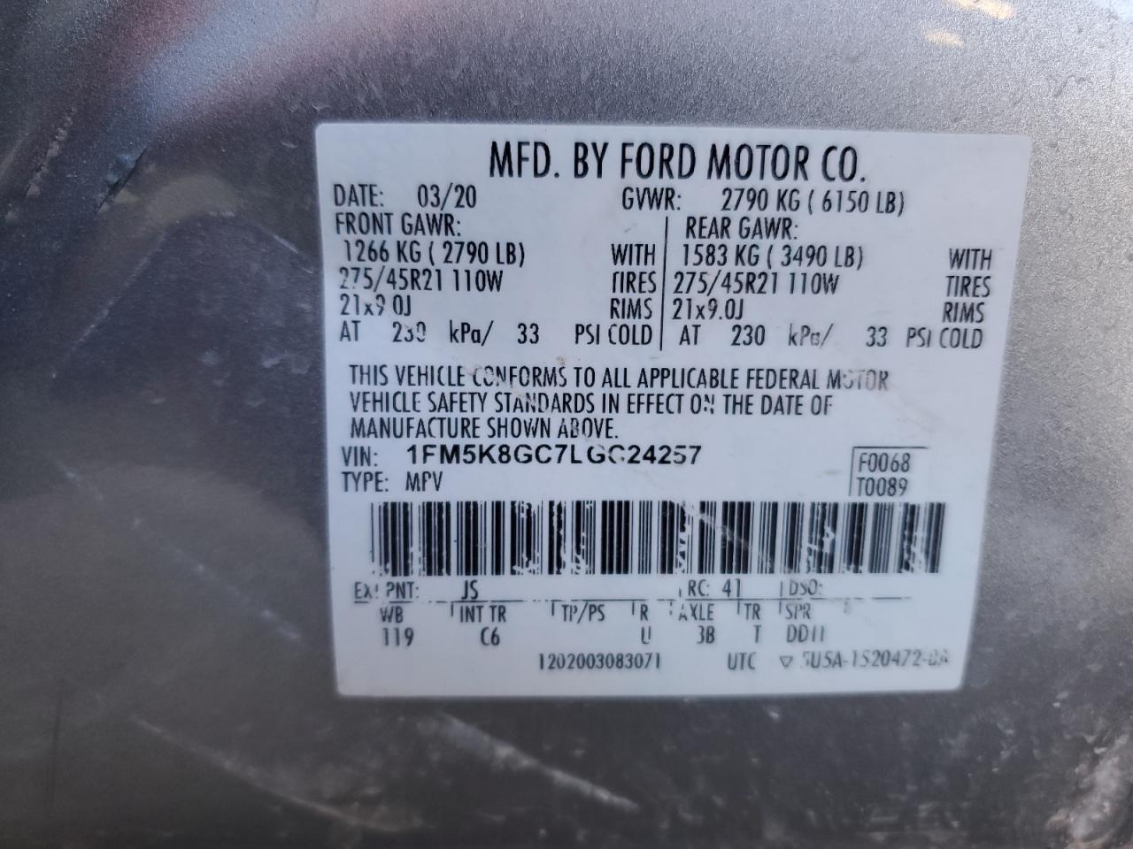 2020 Ford Explorer VIN 1FM5K8GC7LGC24257 Copart auction photo, side / front end damage thumbnail 15