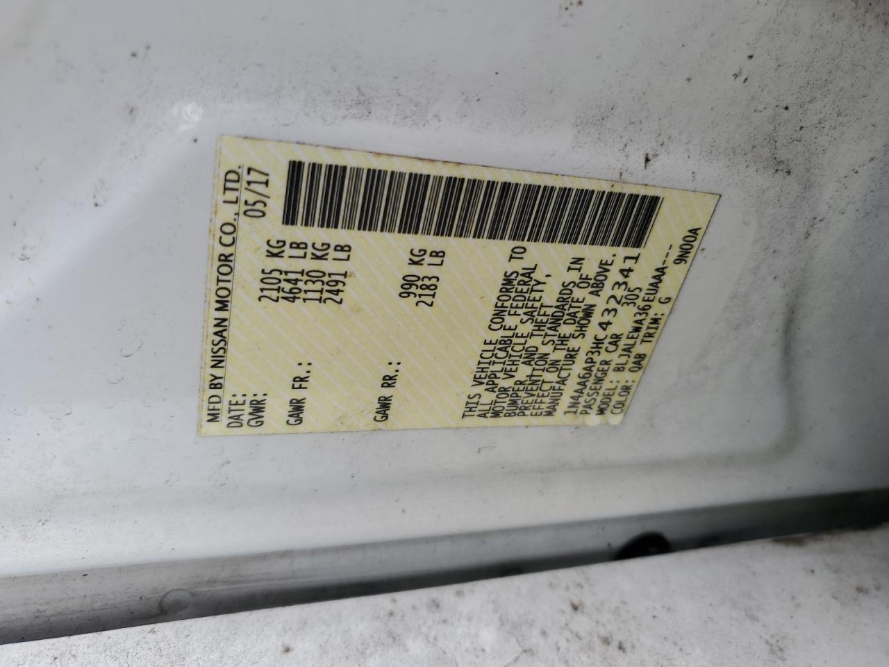 2017 Nissan Maxima VIN 1N4AA6AP3HC432341 Copart auction photo, side / front end damage thumbnail 12