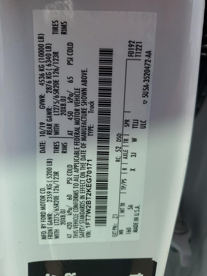 2019 Ford F250 VIN 1FT7W2BT2KEG70171 Copart auction photo, front end damage thumbnail 14