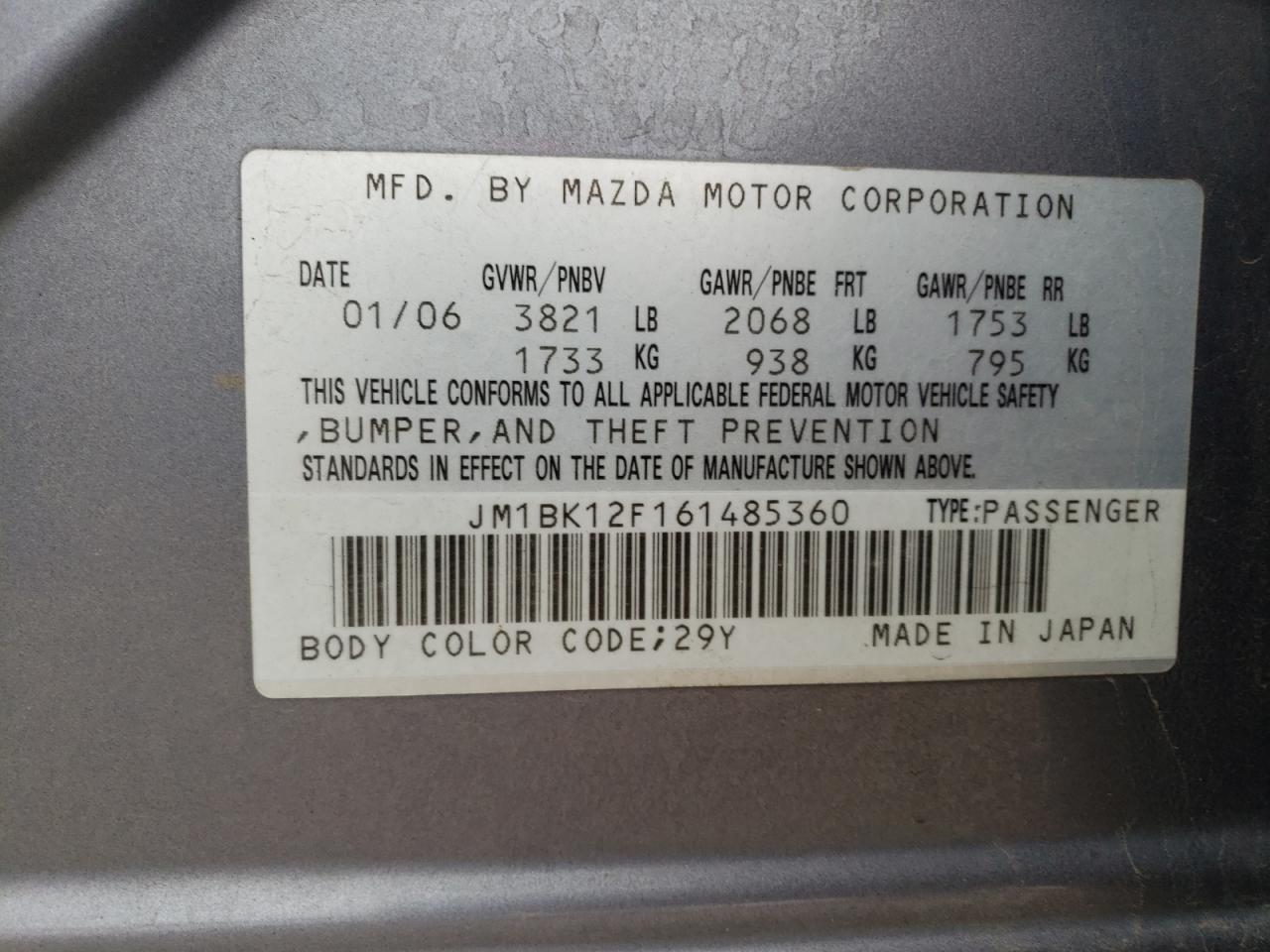 2006 Mazda 3 VIN JM1BK12F161485360 Copart auction photo, front end damage thumbnail 12