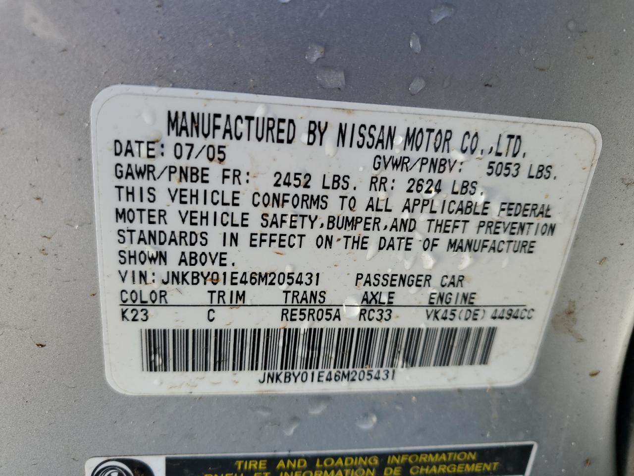 2006 Infiniti M VIN JNKBY01E46M205431 Copart auction photo, all over damage thumbnail 12