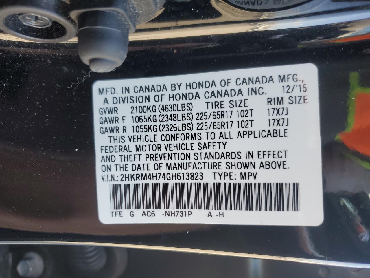 2016 Honda CR-V VIN 2HKRM4H74GH613823 Copart auction photo, front end / side damage thumbnail 14