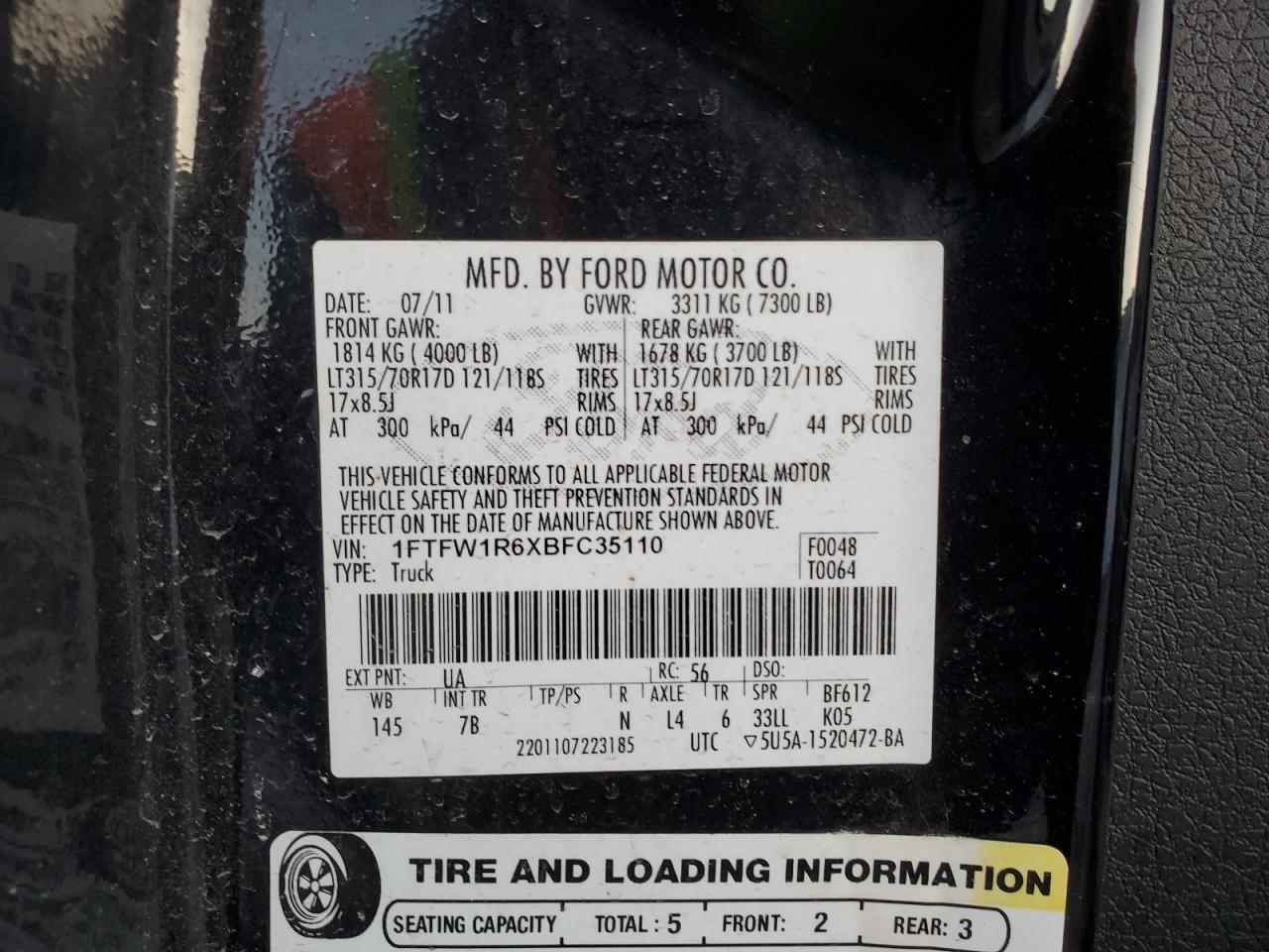 2011 Ford F-150 VIN 1FTFW1R6XBFC35110 Copart auction photo, side / front end damage thumbnail 14