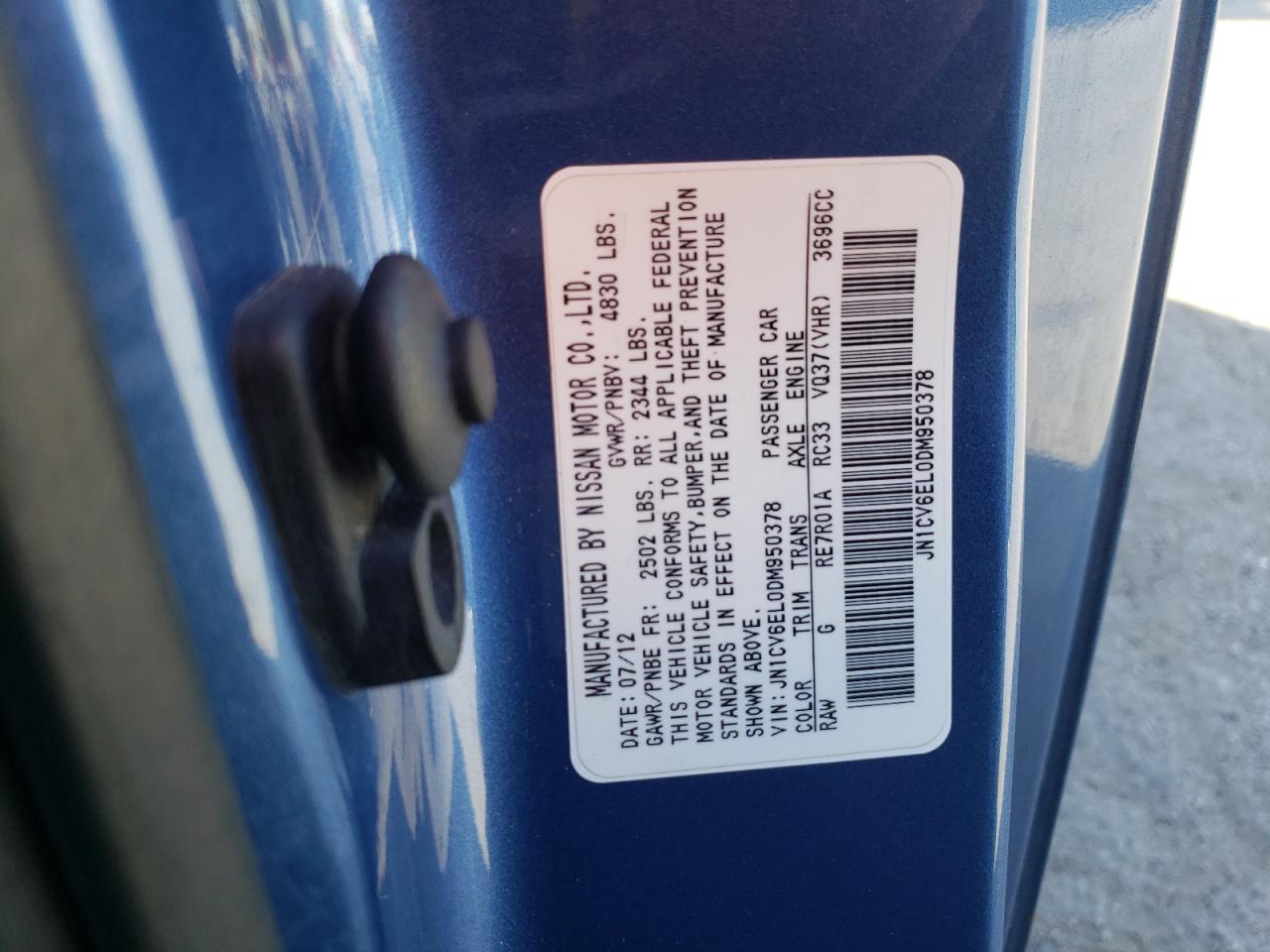 2013 Infiniti G VIN JN1CV6EL0DM950378 Copart auction photo, front end damage thumbnail 13