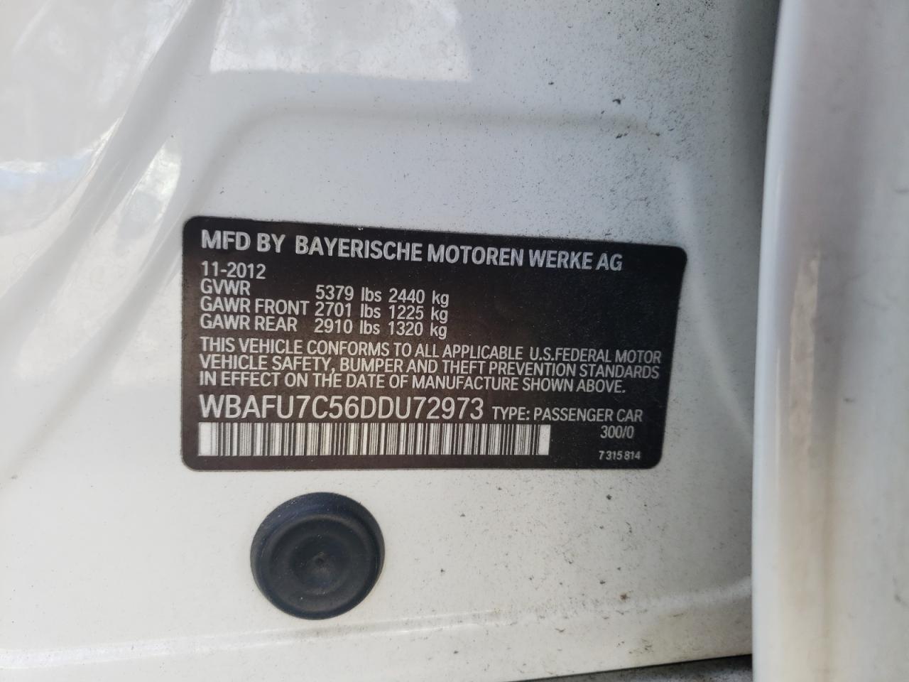 2013 BMW 5er VIN WBAFU7C56DDU72973 Copart auction photo, front end / side damage thumbnail 14