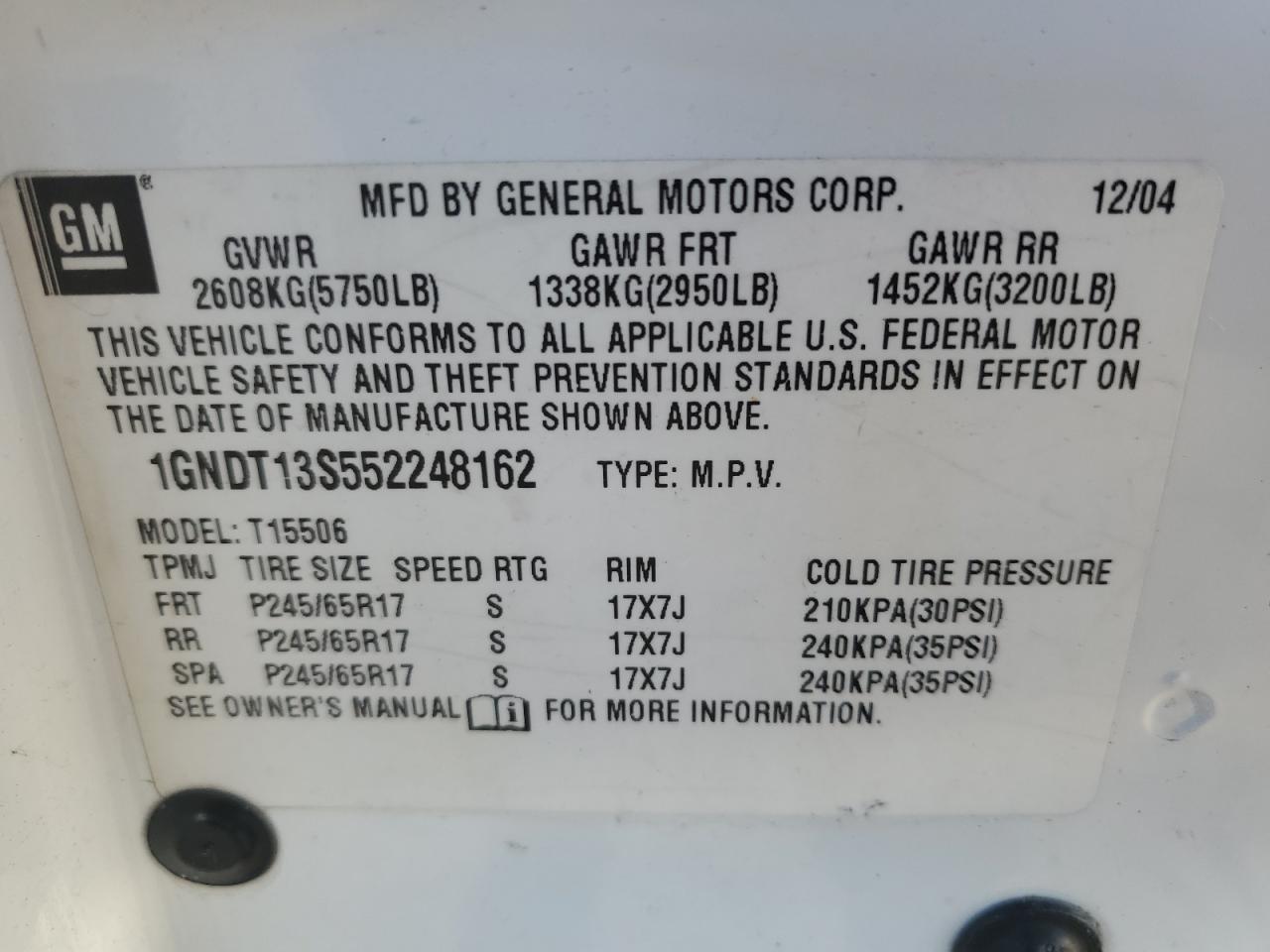 2005 Chevrolet TrailBlazer VIN 1GNDT13S552248162 Copart auction photo, front end / side damage thumbnail 15