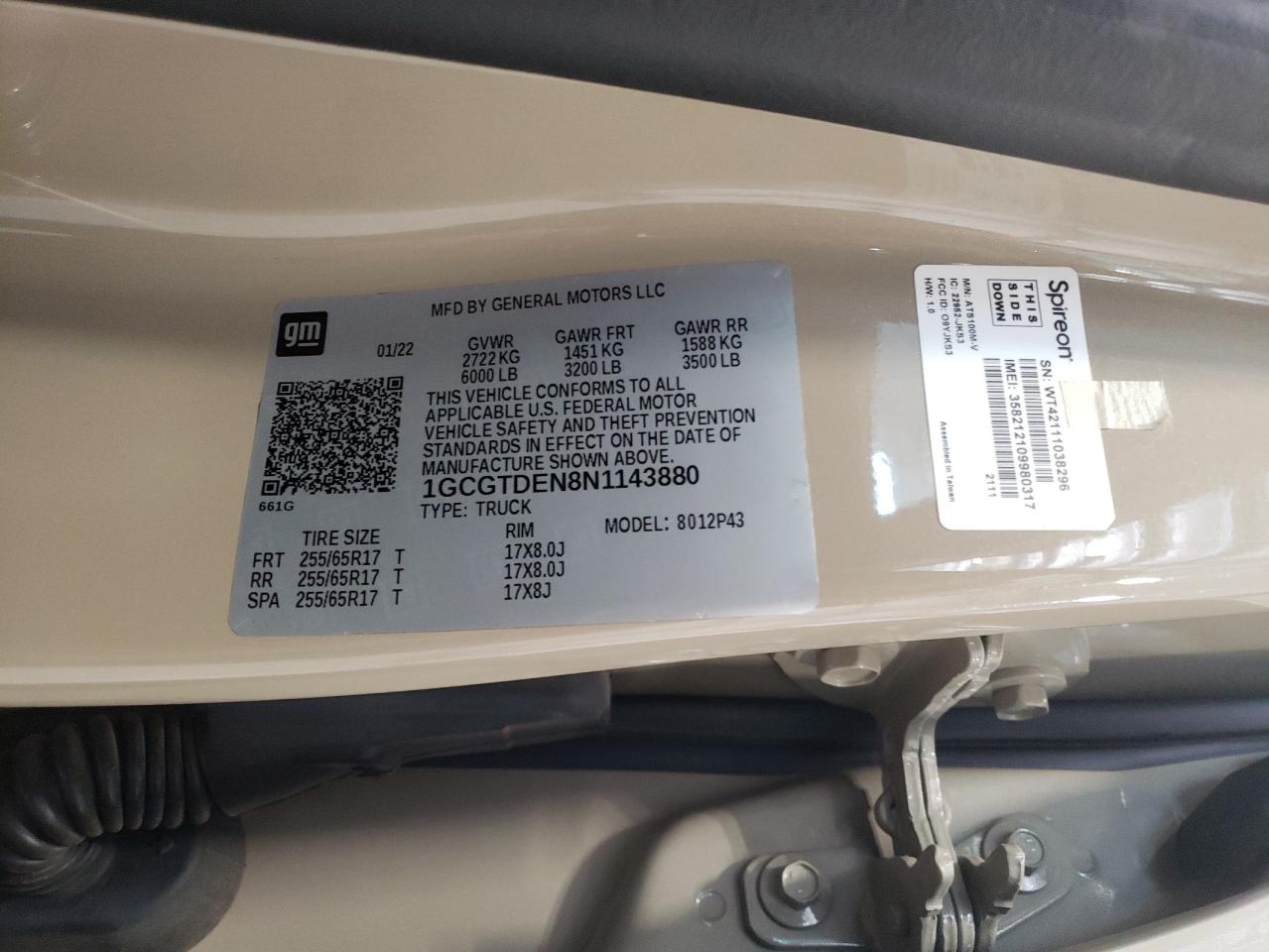 2022 Chevrolet Colorado VIN 1GCGTDEN8N1143880 Copart auction photo, front end / rear end damage thumbnail 12