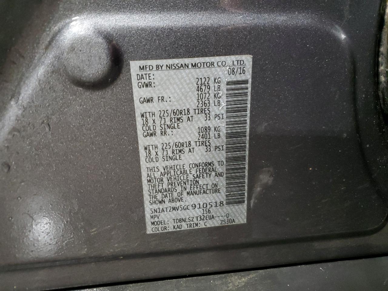 2016 Nissan Rogue VIN 5N1AT2MV5GC910518 Copart auction photo, front end damage thumbnail 13