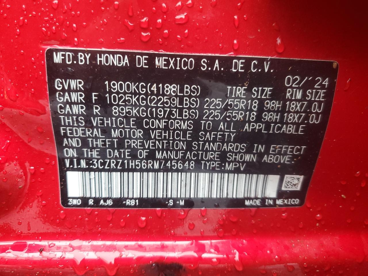 2024 Honda HR-V VIN 3CZRZ1H56RM745648 Copart auction photo, side damage thumbnail 12