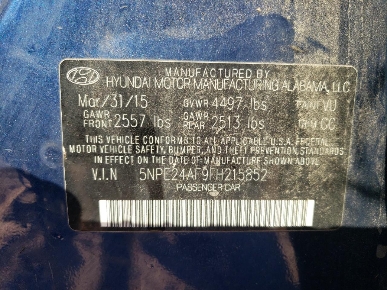 2015 Hyundai Sonata VIN 5NPE24AF9FH215852 Copart auction photo, front end damage thumbnail 13