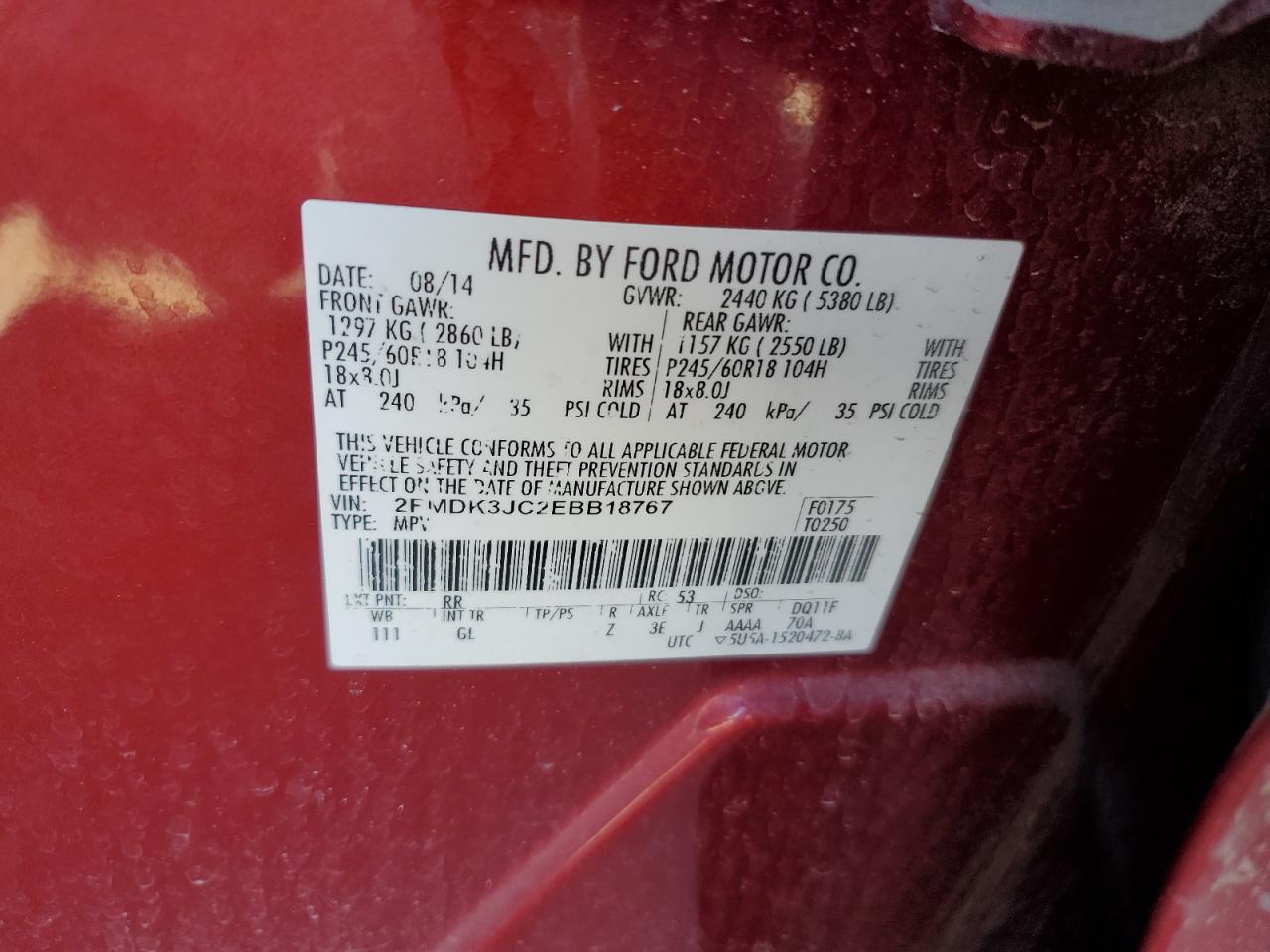 2014 Ford Edge VIN 2FMDK3JC2EBB18767 Copart auction photo, front end damage thumbnail 13