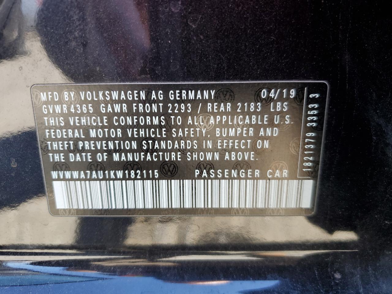 2019 Volkswagen Golf VIN WVWWA7AU1KW182115 Copart auction photo, top/roof / frame damage damage thumbnail 12