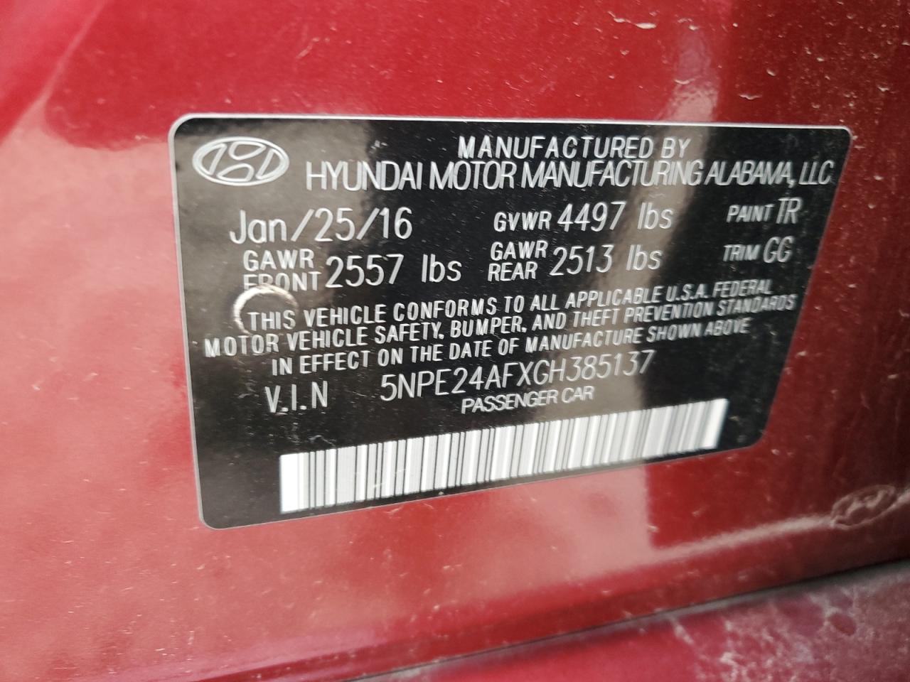 2016 Hyundai Sonata VIN 5NPE24AFXGH385137 Copart auction photo, front end damage thumbnail 12