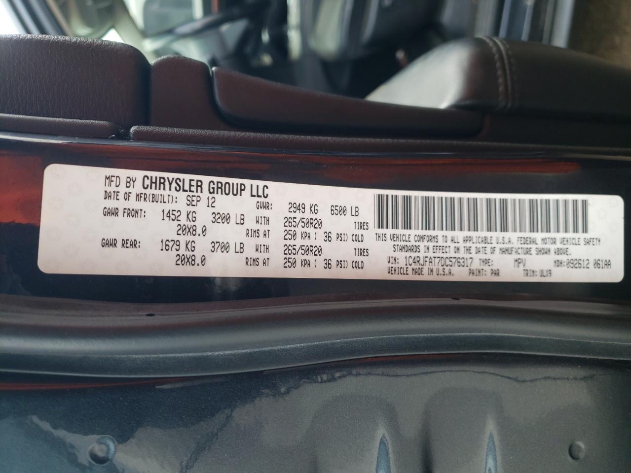 2013 Jeep Grand Cherokee VIN 1C4RJFAT7DC576317 Copart auction photo, front end damage thumbnail 12
