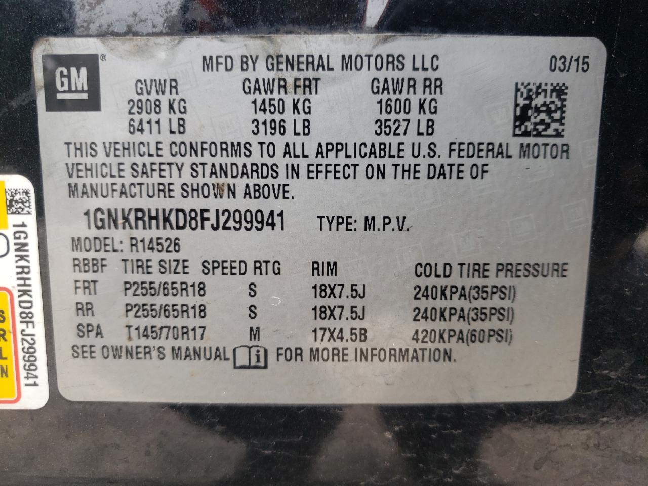 2015 Chevrolet Traverse VIN 1GNKRHKD8FJ299941 Copart auction photo, front end / undercarriage damage thumbnail 14