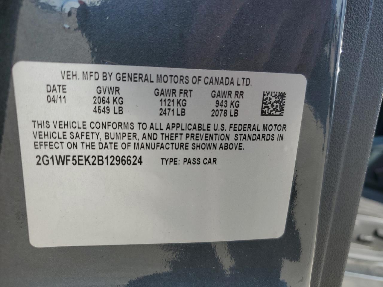 2011 Chevrolet Impala VIN 2G1WF5EK2B1296624 Copart auction photo, side / rear end damage thumbnail 13