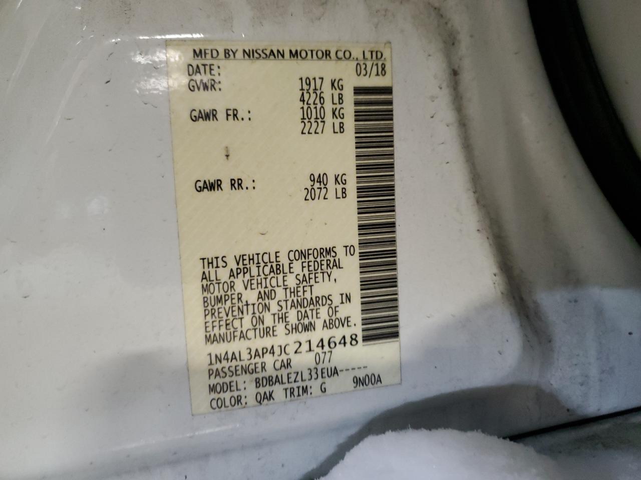 2018 Nissan Altima VIN 1N4AL3AP4JC214648 Copart auction photo, front end / minor dent/scratches damage thumbnail 14