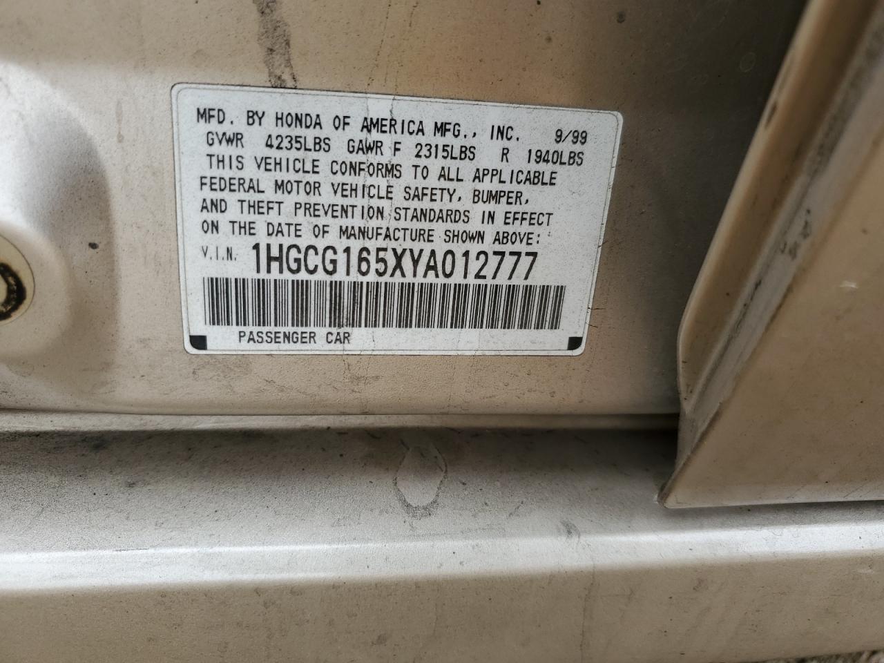 2000 Honda Accord VIN 1HGCG165XYA012777 Copart auction photo, front end / rear end damage thumbnail 13