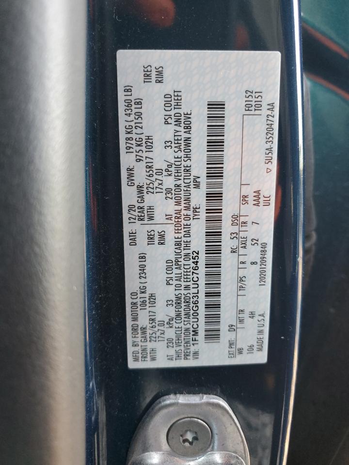 2020 Ford Escape VIN 1FMCU0G63LUC76452 Copart auction photo, mechanical damage thumbnail 13