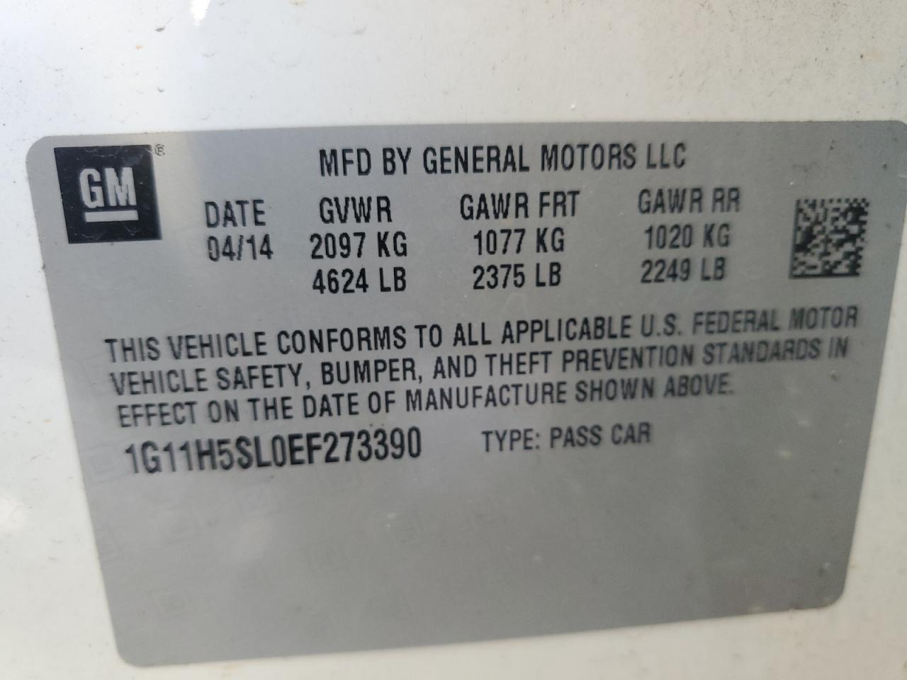 2014 Chevrolet Malibu VIN 1G11H5SL0EF273390 Copart auction photo, front end damage thumbnail 12