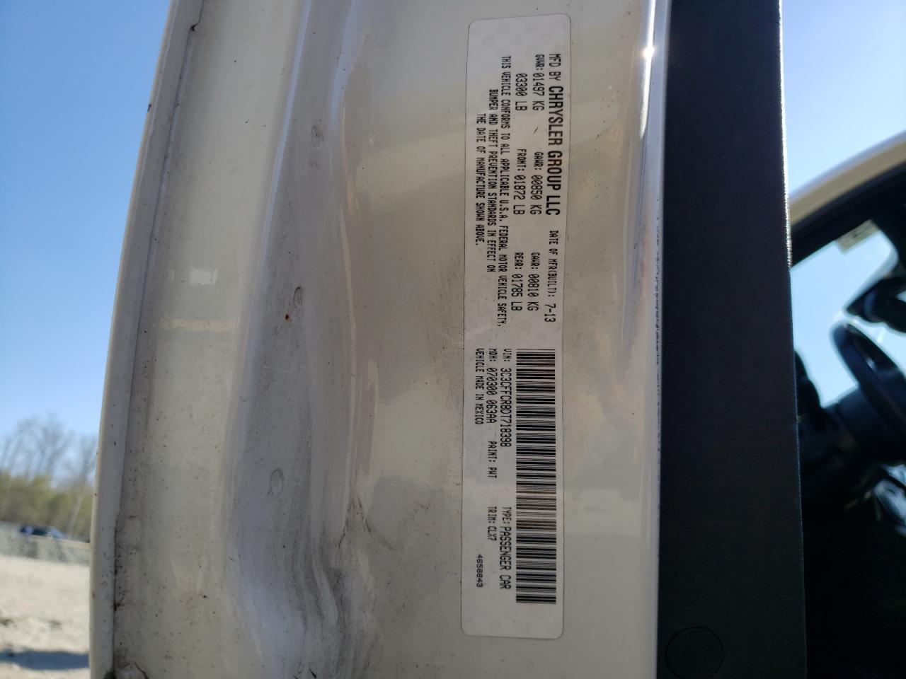 2013 Fiat 500 VIN 3C3CFFCR8DT718398 Copart auction photo, front end damage thumbnail 12