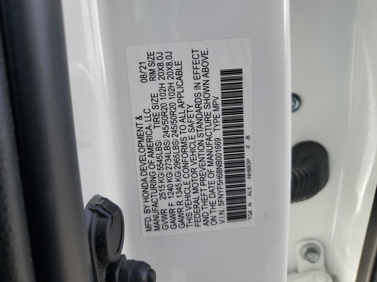 2022 Honda Pilot VIN 5FNYF5H68NB001669 Copart auction photo, rear end / undercarriage damage thumbnail 13
