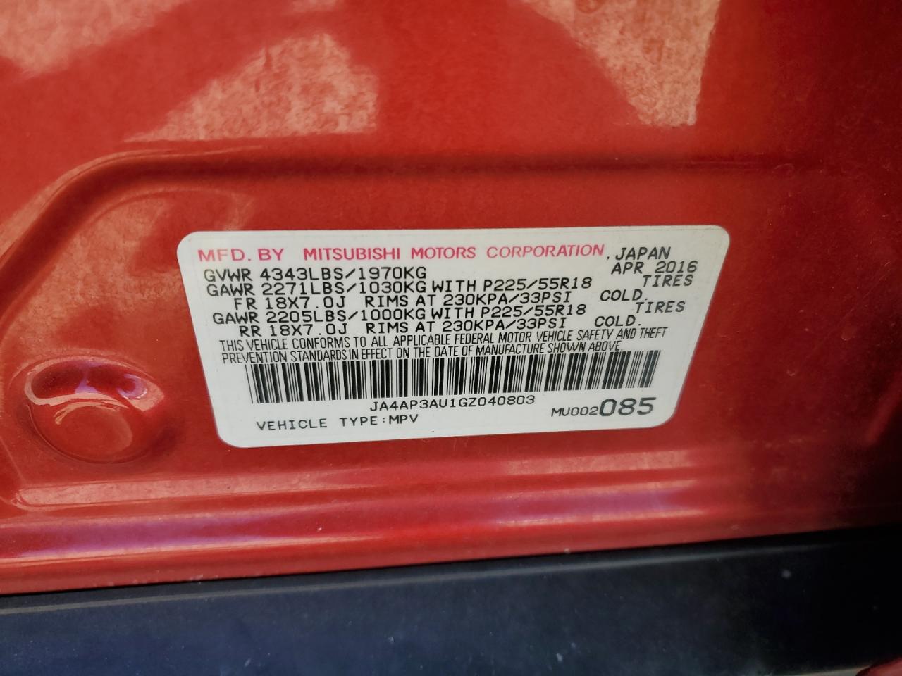 2016 Mitsubishi Outlander VIN JA4AP3AU1GZ040803 Copart auction photo, front end damage thumbnail 16