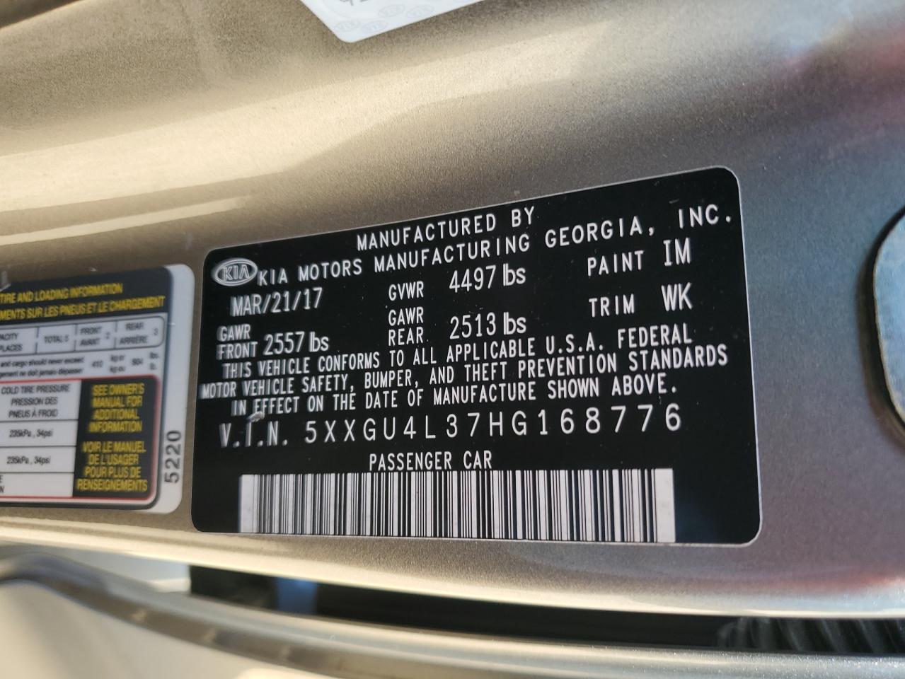 2017 KIA Optima VIN 5XXGU4L37HG168776 Copart auction photo, front end damage thumbnail 14